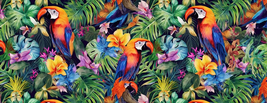 Tropical exotic pattern with animal and flowers in bright colors and lush vegetation. Ai Generative