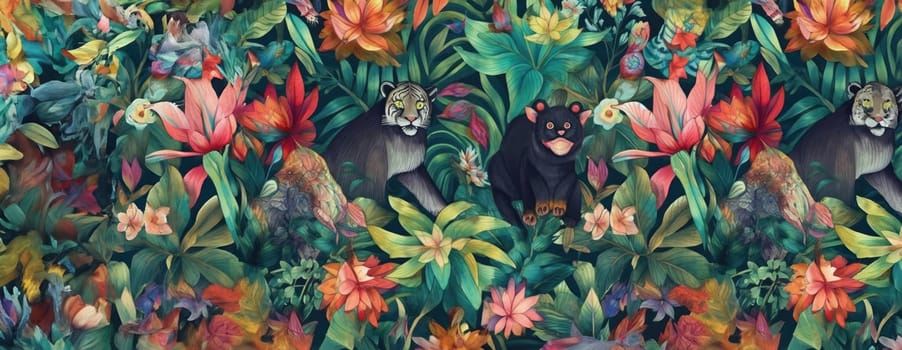 Tropical exotic pattern with animal and flowers in bright colors and lush vegetation. Ai Generative