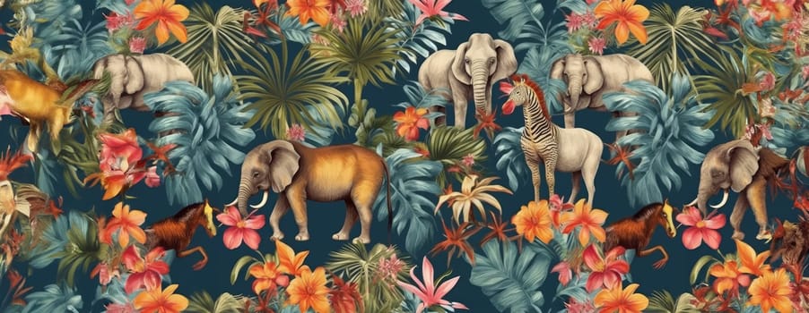 Tropical exotic pattern with animal and flowers in bright colors and lush vegetation. Ai Generative