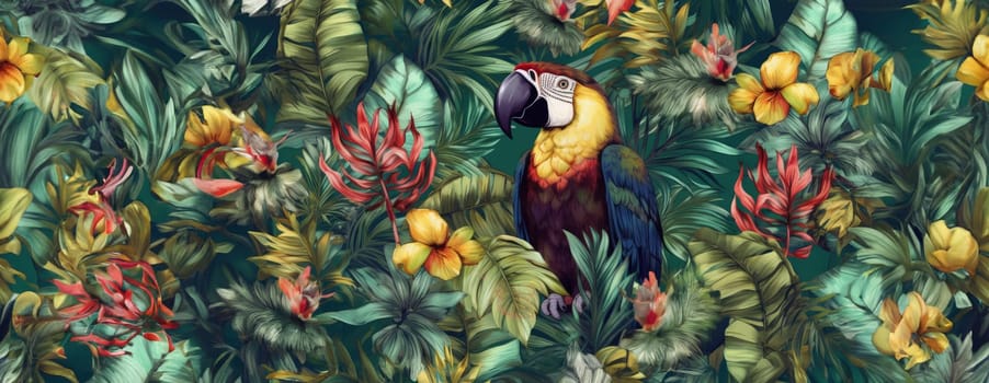 Tropical exotic pattern with animal and flowers in bright colors and lush vegetation. Ai Generative