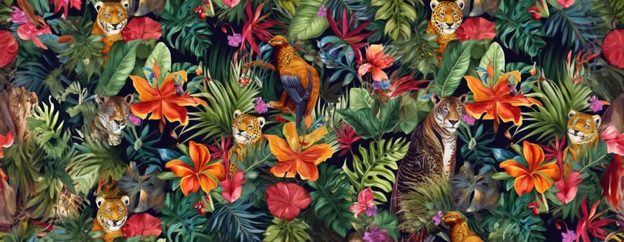 Tropical exotic pattern with animal and flowers in bright colors and lush vegetation. Ai Generative