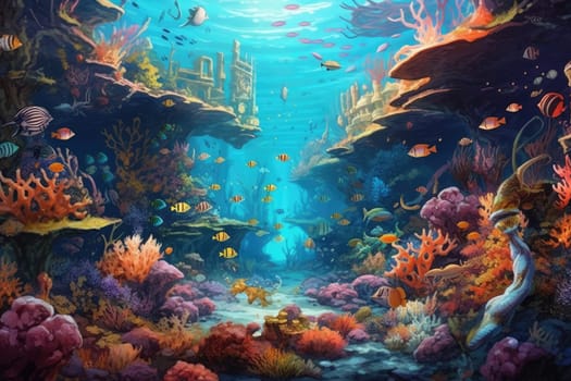 Tropical sea underwater fishes on coral reef. Aquarium oceanarium wildlife colorful marine panorama landscape nature snorkel diving. AI Generative