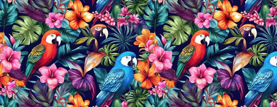 Tropical exotic pattern with animal and flowers in bright colors and lush vegetation. Ai Generative