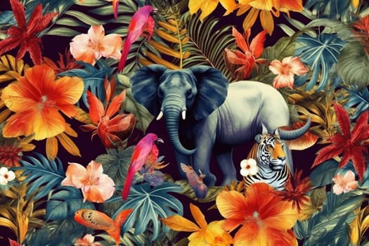 Tropical exotic pattern with animal and flowers in bright colors and lush vegetation. Ai Generative