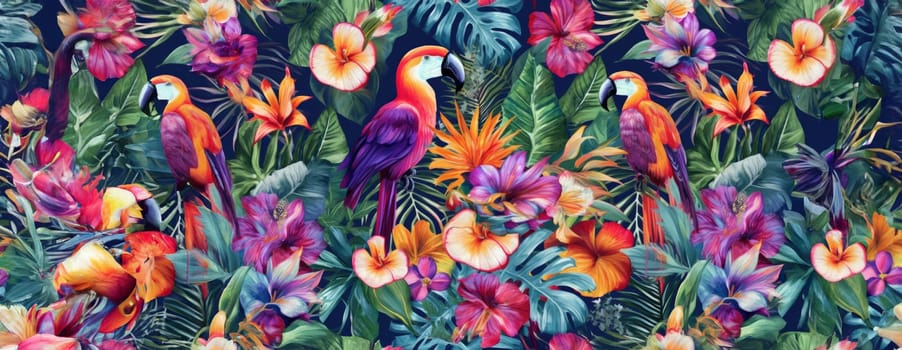 Tropical exotic pattern with animal and flowers in bright colors and lush vegetation. Ai Generative