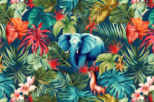 Tropical exotic pattern with animal and flowers in bright colors and lush vegetation. Ai Generative