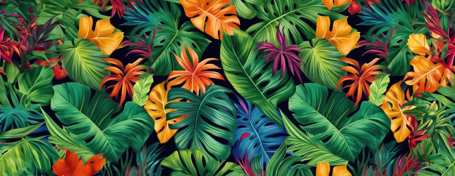 Tropical exotic pattern with animal and flowers in bright colors and lush vegetation. Ai Generative