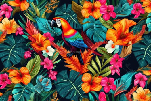 Tropical exotic pattern with animal and flowers in bright colors and lush vegetation. Ai Generative