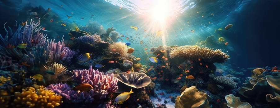 Tropical sea underwater fishes on coral reef. Aquarium oceanarium wildlife colorful marine panorama landscape nature snorkel diving. AI Generative