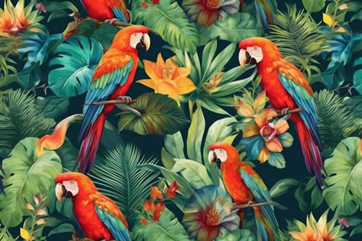 Tropical exotic pattern with animal and flowers in bright colors and lush vegetation. Ai Generative