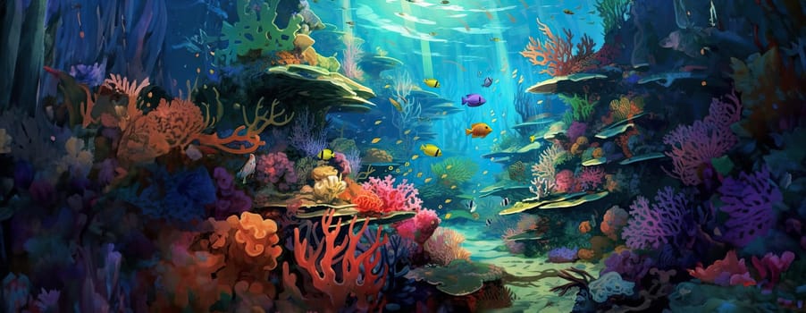 Tropical sea underwater fishes on coral reef. Aquarium oceanarium wildlife colorful marine panorama landscape nature snorkel diving. AI Generative