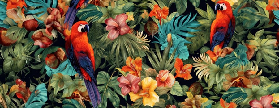 Tropical exotic pattern with animal and flowers in bright colors and lush vegetation. Ai Generative