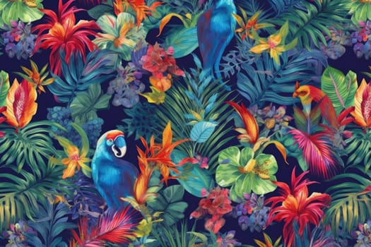 Tropical exotic pattern with animal and flowers in bright colors and lush vegetation. Ai Generative