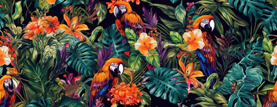 Tropical exotic pattern with animal and flowers in bright colors and lush vegetation. Ai Generative