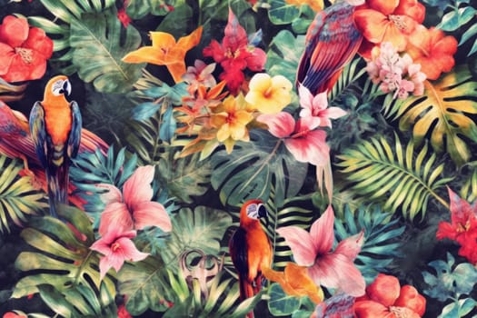 Tropical exotic pattern with animal and flowers in bright colors and lush vegetation. Ai Generative