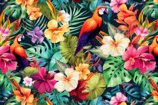 Tropical exotic pattern with animal and flowers in bright colors and lush vegetation. Ai Generative