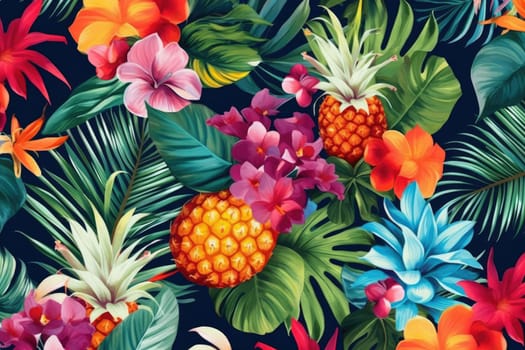 Tropical exotic pattern with animal and flowers in bright colors and lush vegetation. Ai Generative