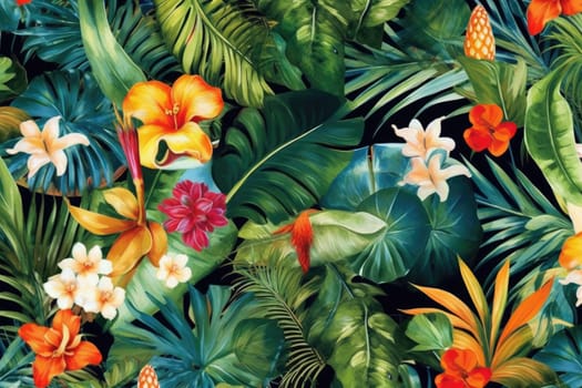 Tropical exotic pattern with animal and flowers in bright colors and lush vegetation. Ai Generative