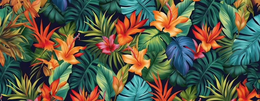 Tropical exotic pattern with animal and flowers in bright colors and lush vegetation. Ai Generative