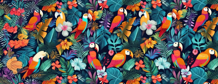 Tropical exotic pattern with animal and flowers in bright colors and lush vegetation. Ai Generative