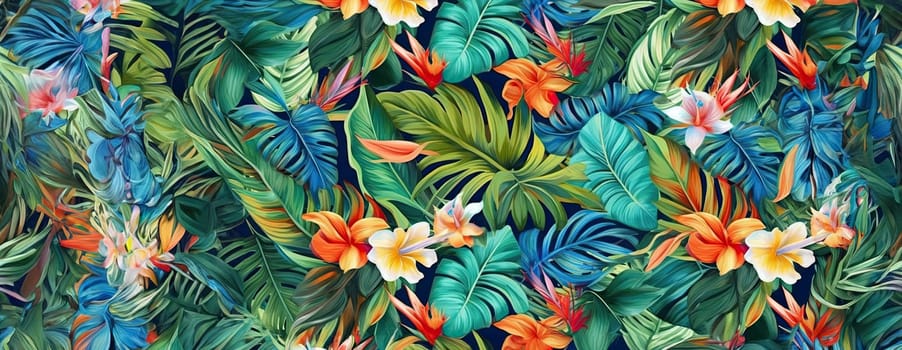 Tropical exotic pattern with animal and flowers in bright colors and lush vegetation. Ai Generative