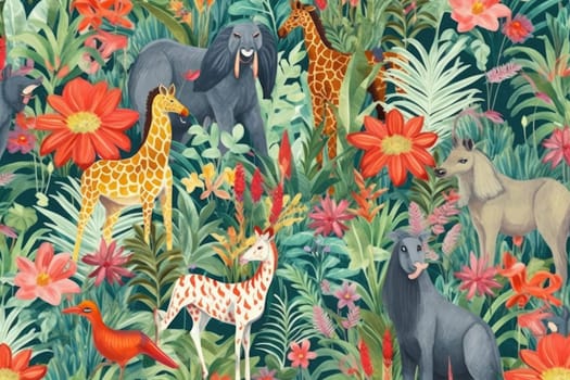 Tropical exotic pattern with animal and flowers in bright colors and lush vegetation. Ai Generative