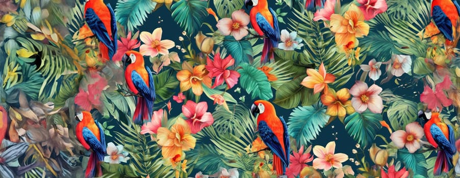 Tropical exotic pattern with animal and flowers in bright colors and lush vegetation. Ai Generative