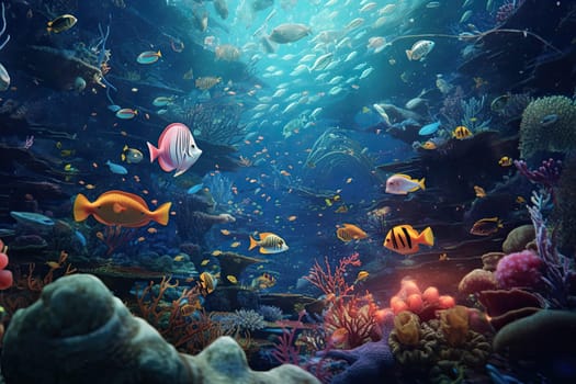 Tropical sea underwater fishes on coral reef. Aquarium oceanarium wildlife colorful marine panorama landscape nature snorkel diving. AI Generative