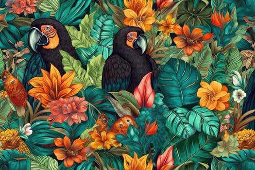 Tropical exotic pattern with animal and flowers in bright colors and lush vegetation. Ai Generative