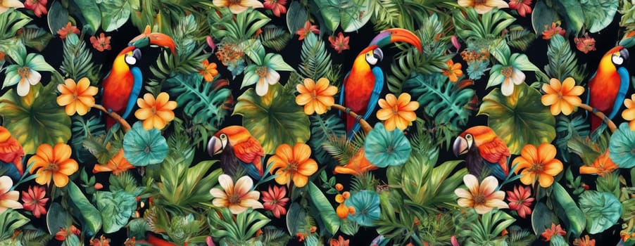 Tropical exotic pattern with animal and flowers in bright colors and lush vegetation. Ai Generative