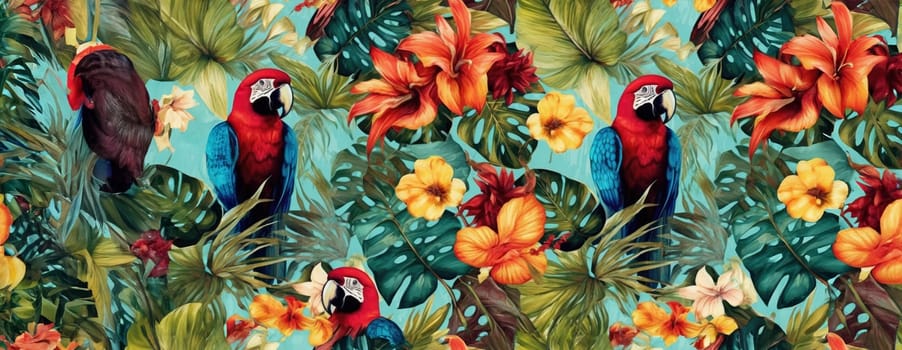 Tropical exotic pattern with animal and flowers in bright colors and lush vegetation. Ai Generative