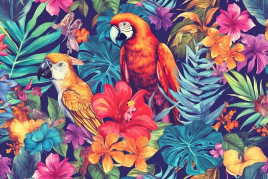 Tropical exotic pattern with animal and flowers in bright colors and lush vegetation. Ai Generative