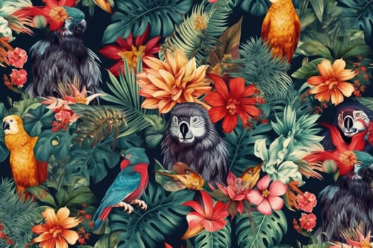 Tropical exotic pattern with animal and flowers in bright colors and lush vegetation. Ai Generative