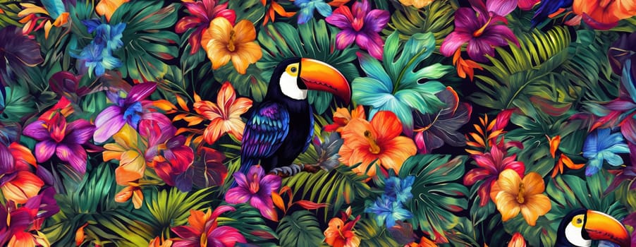 Tropical exotic pattern with animal and flowers in bright colors and lush vegetation. Ai Generative