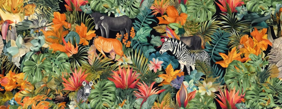 Tropical exotic pattern with animal and flowers in bright colors and lush vegetation. Ai Generative