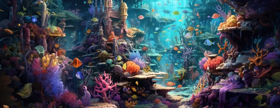 Tropical sea underwater fishes on coral reef. Aquarium oceanarium wildlife colorful marine panorama landscape nature snorkel diving. AI Generative