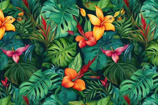 Tropical exotic pattern with animal and flowers in bright colors and lush vegetation. Ai Generative