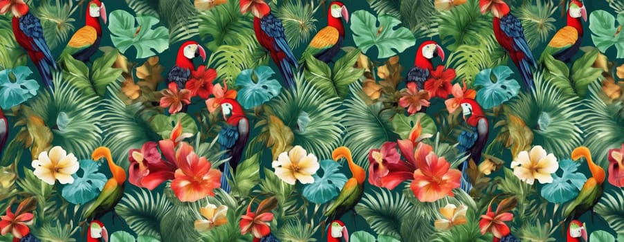 Tropical exotic pattern with animal and flowers in bright colors and lush vegetation. Ai Generative