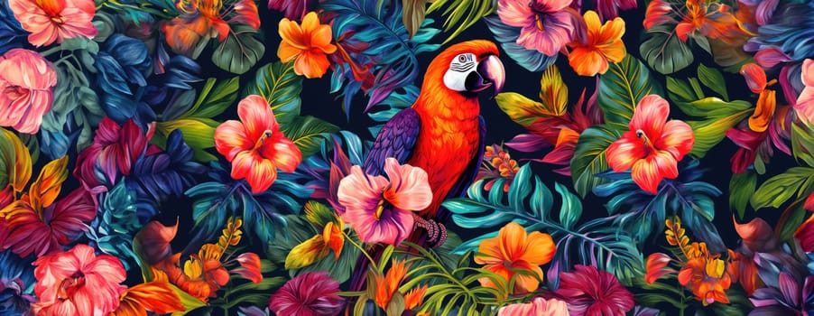 Tropical exotic pattern with animal and flowers in bright colors and lush vegetation. Ai Generative