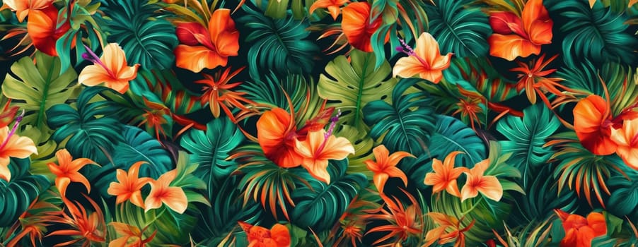 Tropical exotic pattern with animal and flowers in bright colors and lush vegetation. Ai Generative