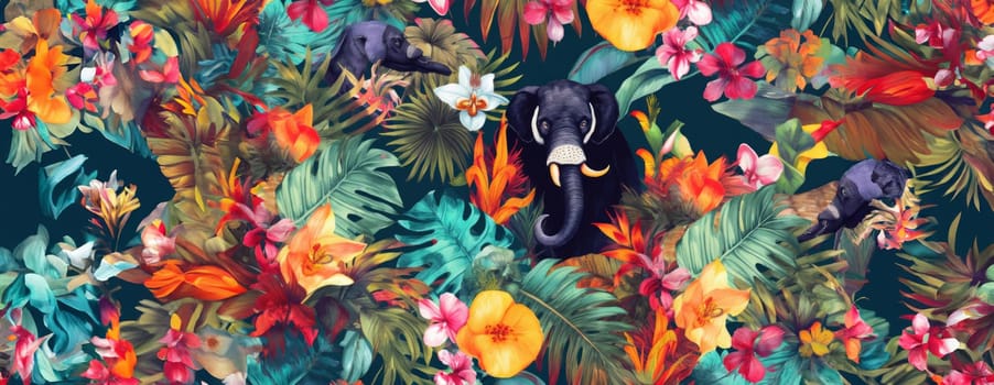 Tropical exotic pattern with animal and flowers in bright colors and lush vegetation. Ai Generative