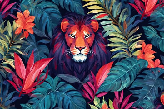 Tropical exotic pattern with animal and flowers in bright colors and lush vegetation. Ai Generative