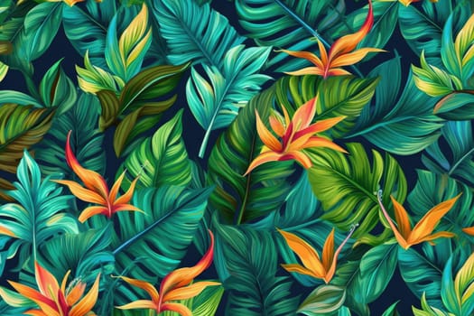 Tropical exotic pattern with animal and flowers in bright colors and lush vegetation. Ai Generative