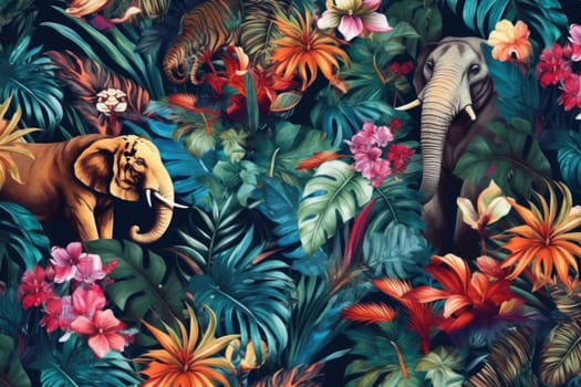 Tropical exotic pattern with animal and flowers in bright colors and lush vegetation. Ai Generative