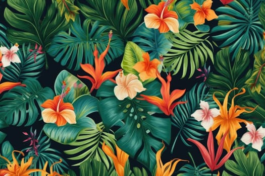 Tropical exotic pattern with animal and flowers in bright colors and lush vegetation. Ai Generative