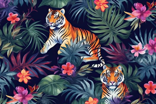 Tropical exotic pattern with animal and flowers in bright colors and lush vegetation. Ai Generative