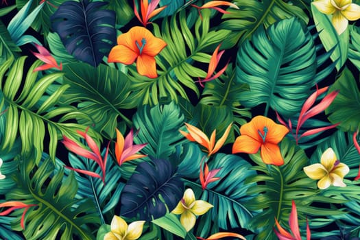 Tropical exotic pattern with animal and flowers in bright colors and lush vegetation. Ai Generative