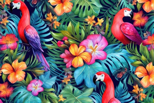 Tropical exotic pattern with animal and flowers in bright colors and lush vegetation. Ai Generative