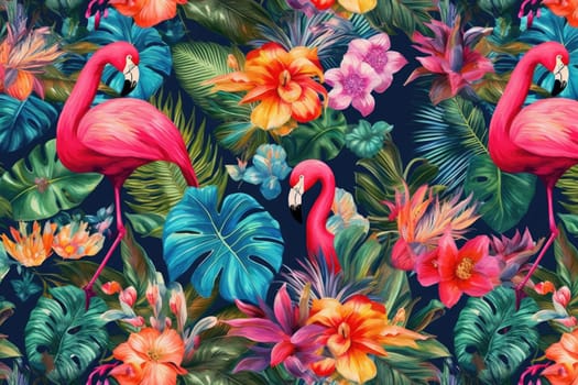 Tropical exotic pattern with animal and flowers in bright colors and lush vegetation. Ai Generative