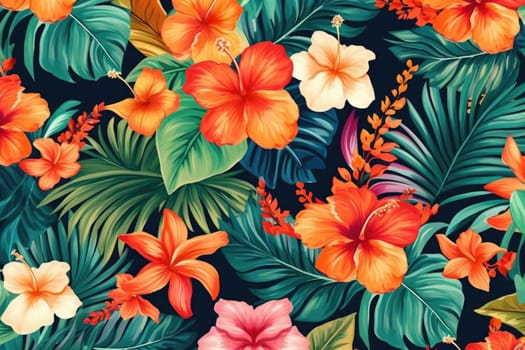 Tropical exotic pattern with animal and flowers in bright colors and lush vegetation. Ai Generative